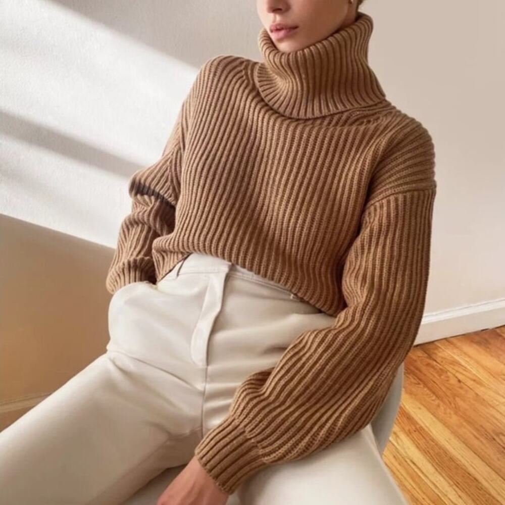 Aritzia Babaton Guell Merino Wool Cropped Turtleneck Sweater Camel XS Rib Knit